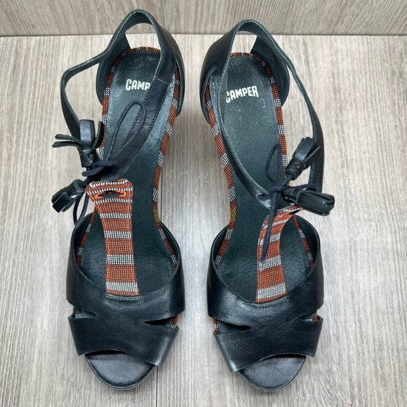 Camper Tassel Tie Boho Sandals Womens 40 Block High Heels T-Strap Leather Black - Picture 3 of 13